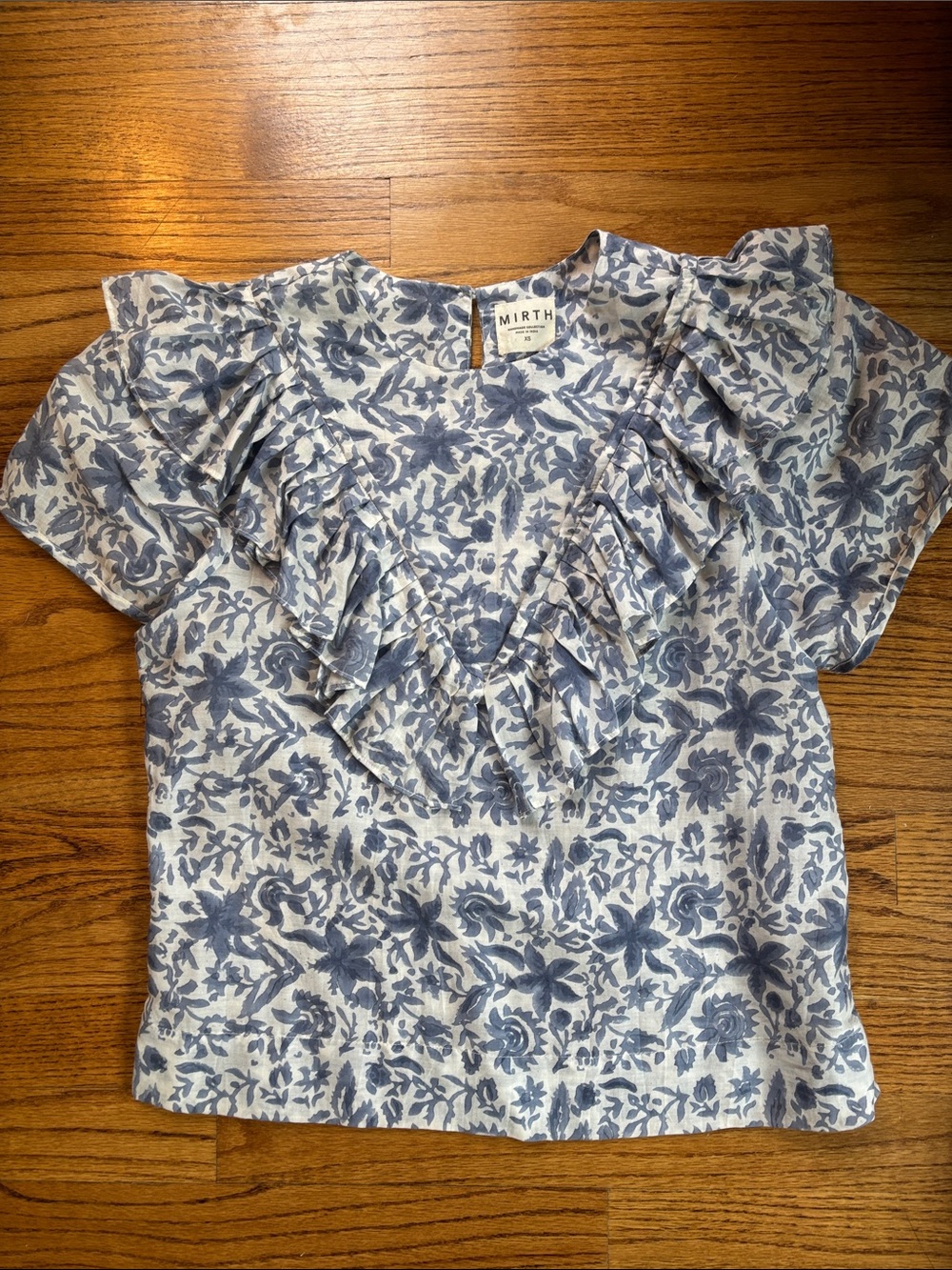 Mirth Blue Floral Ruffle Front Blouse